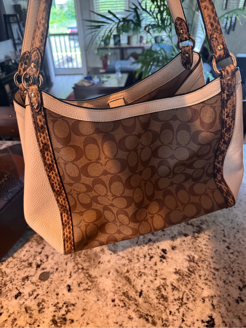 Coach Signature Canvas Shoulder Bag in Brown and Cream with Leopard Trim